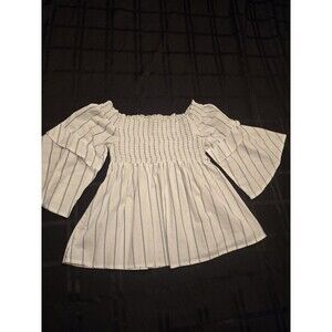 EUC Shinestar Off The Shoulder Blue Striped Blouse Bell Sleeve White Boho